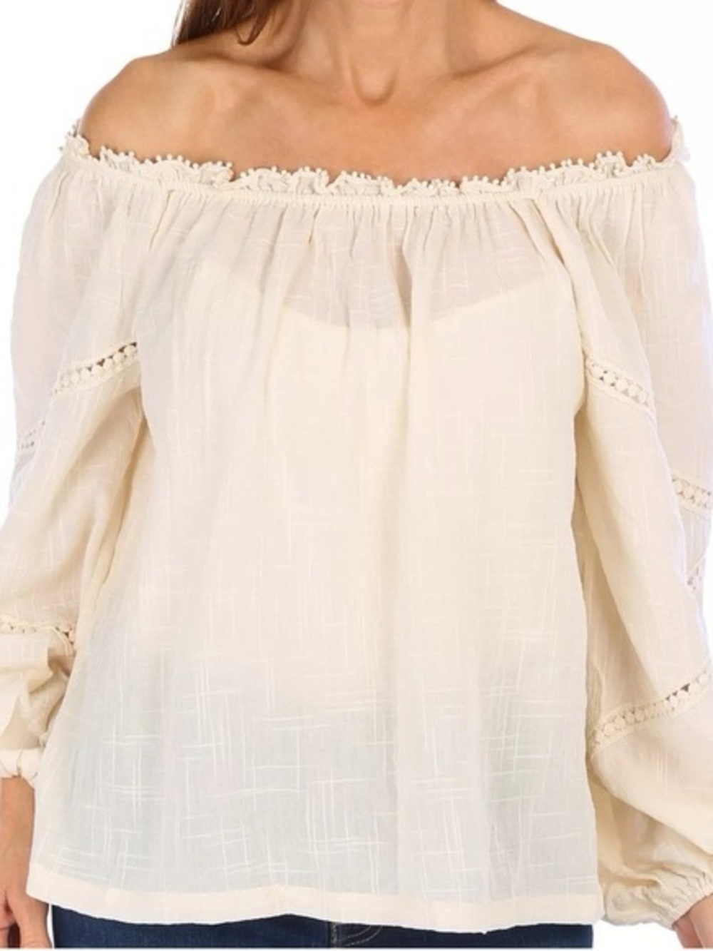 Max Studio Ivory Boho Peasant Blouse Crotchet Cottagecore Romantic Linen Blend